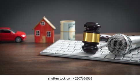 Judge Gavel, House, Money, Car, Microphone, Computer Keyboard. Concept Of Auction