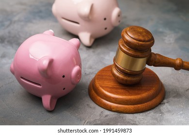 Judge Gavel And Inverted Piggy Banks, Debt Collection Concept