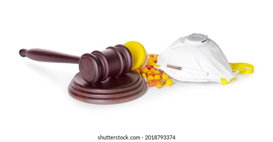 Judge Gavel, Mask And Drugs On White Background. Concept Of Health Care Reform