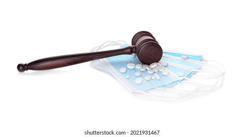 Judge Gavel, Masks And Drugs On White Background. Concept Of Health Care Reform