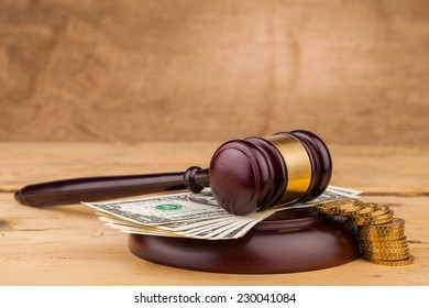 Judge Gavel With Money Closeup