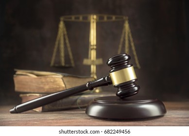 Judge Gavel, Old Books And Scales On A Wooden Table, Justice Symbols For Balance And Power In Law And Court, Dark Background With Copy Space, Selected Focus, Narrow Depth Of Field