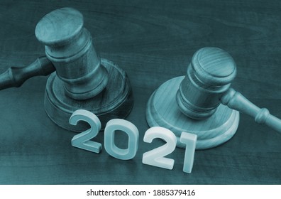 Judge Gavels And Numbers 2021. Concept New Laws In Year 2021.