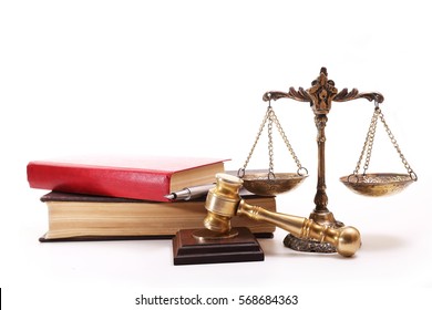 Judge Hammer, Bronze Scales, A Book About The Laws And Pen On A White Background