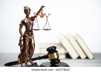 Judge Hammer, Lady Justice And Books On White Rustic Table. Law Theme 