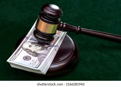 Judge And Money Concept. Judge's Gavel On The Table. Judge's Hammer For Verdict, Justice Judgment At Courts Of Law. American One Hundred Dollar Bill, Corruption, Cost, Finances, Expenses, Salary.