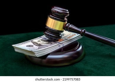 Judge And Money Concept. Judge's Gavel On The Table. Judge's Hammer For Verdict, Justice Judgment At Courts Of Law. American One Hundred Dollar Bill, Corruption, Cost, Finances, Expenses, Salary.