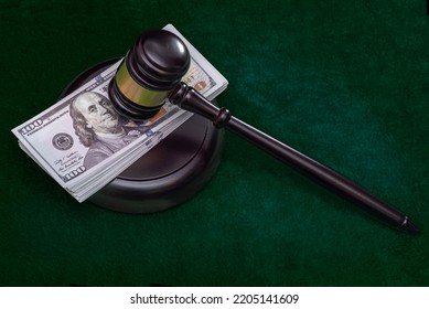 Judge And Money Concept. Judge's Gavel On The Table. Judge's Hammer For Verdict, Justice Judgment At Courts Of Law. American One Hundred Dollar Bill, Corruption, Cost, Finances, Expenses, Salary.