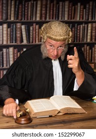 Judge with wig and gavel holding a speech to the convicted criminal