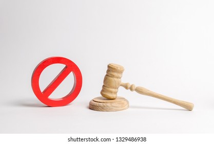 Judge's gavel and NO symbol. The concept of prohibiting and restrictive laws. Prohibitions and criminalization, repression, restriction of freedoms and rights of people and citizens.