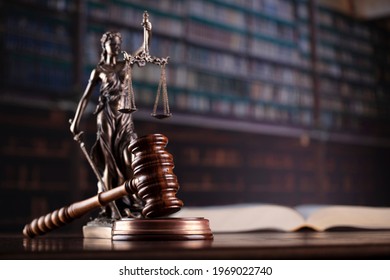 Judge's Gavel On Courtroom Background. Law And Justice Concept.