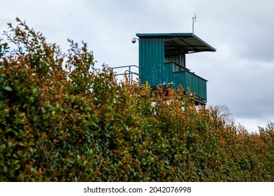 A Judge's Tower Sits Above A Hedge At Caulfield Racecourse, A Famous Horse Racing Track In Melbourne, Victoria, Australia. Home Of The Caulfield Cup.