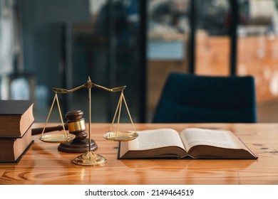 Judgment Hammer, Legal Office. Attorney At Law. Law And Justice. Wooden Judge Gavel, Close-up View. Lawyer's Desk