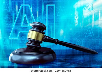 Judicial gavel and AI symbol. Jurisprudence and ban artificial intelligence concept.