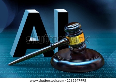 Judicial gavel and AI symbol. Jurisprudence and ban artificial intelligence concept.
