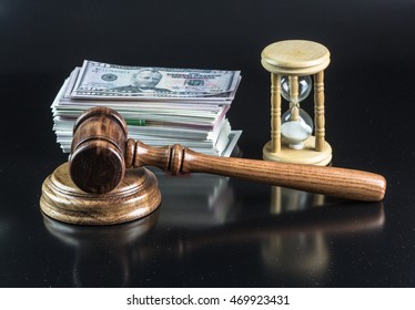 Judicial Hammer, Money And Hourglass In The Legal Case, The Auction Hammer