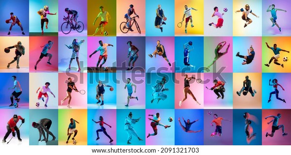 Judo, basketball, football, tennis, cycling,\
swimming and hockey. Set of images of different professional\
sportsmen, fit people in action, motion isolated on multicolor\
background in neon.\
Collage