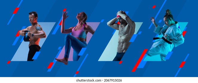 Judo, Running, Swimming And Powerlifting. Multiethnic People, Professional Athletes In Action Isolated On Bright Geometric Background. Concept Of Team Sport, Competition, Motion, Ad, Show. Poster