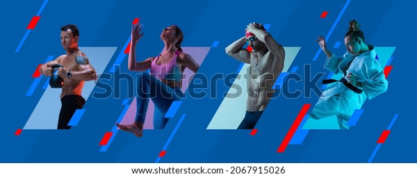 Judo, running, swimming and powerlifting.\
Multiethnic people, professional athletes in action isolated on\
bright geometric background. Concept of team sport, competition,\
motion, ad, show. Poster