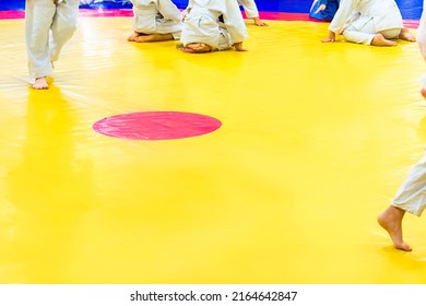 Judo - wrestling, tatami for wrestling, children of sports, legs on a bright colored tatami, selective focus