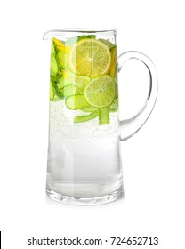 Jug Of Fresh Cucumber Water With Lemon, Isolated On White