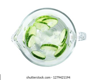 Jug Of Fresh Cucumber Water On White Background, Top View