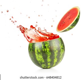 Juice Exploding Out Of A Watermelon Isolated On White Background