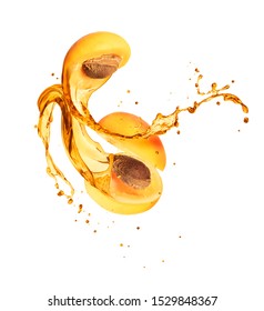 Juice splashes out from the cut apricot on a white background 