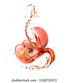 Juice splashes out from the cutted peach on a white background 