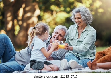 Juice, vitamin c and family picnic with child and grandparents for healthy growth development, outdoor wellness lifestyle. Senior grandmother, elderly people and girl with orange drink in bokeh park - Powered by Shutterstock