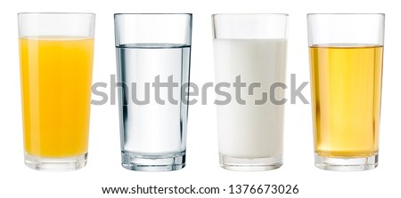 Juice, water and milk glasses isolated with clipping path included