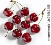 Сherries.Cherry juice.Frozen cherry.Cherry pie and Cherry chewing gum.Isolated white background.
