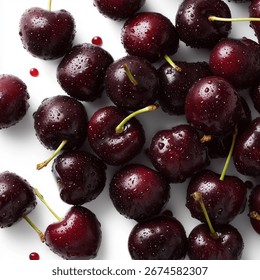 Сherries.Cherry juice.Frozen cherry.Cherry pie and Cherry chewing gum.Isolated white background.