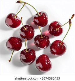 Сherries.Cherry juice.Frozen cherry.Cherry pie and Cherry chewing gum.Isolated white background.