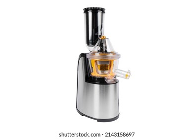 Juicer isolated on a white background. Modern stainless steel fruit and juice machine. Eelectric fruit and vegetable juicer isolated. 