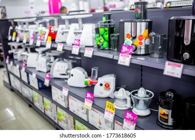 Juicers, Mixers And Food Processors In An Electronics Store. Electro Home Appliances. Sale Of Goods On Black Friday In A Shopping Center. Household Appliances In Stock.Almaty, Kazakhstan May 15, 2020