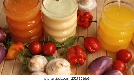 juices placed in glasses with straws stand on wooden surface, next to fresh vegetables like mushrooms, peppers Bright, vibrant composition promotes healthy, refreshing drinks and fresh produce.