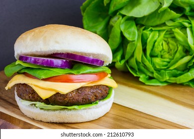 Juicy Aberdeen Angus Burger On Oak Board