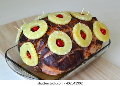 Juicy Baked Ham In Glazed With Pineapple And Cherry