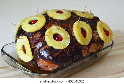 Juicy Baked Ham In Glazed With Pineapple And Cherry