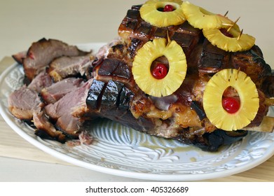 Juicy Baked Ham In Glazed With Pineapple And Cherry