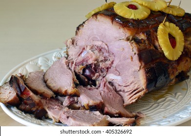 Juicy Baked Ham In Glazed With Pineapple And Cherry