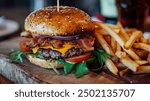 Juicy beef burger topped with cheese and bacon, accompanied by fresh vegetables and a glass of Coke, presented in a restaurant-style composition.