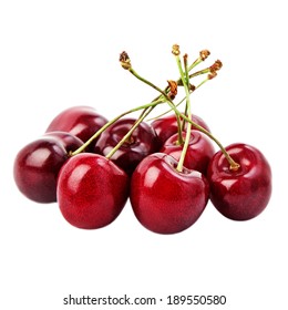 Juicy Black Cherries Isolated On White. 