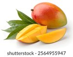 Juicy fresh mango with two slices and leaves