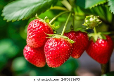 Juicy fresh ripe strawberries on a branch outdoor