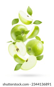 Juicy green apples with green leaves closeup levitation as swirl on white background, whole, half, quarter fruit, isolated, shadow. Summer fruits for advertising, design, label product.