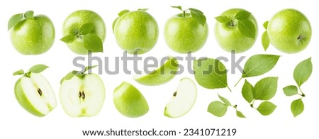 Juicy green apples and green leaves - rich set, whole, cut on half, slices with single green leaves, bunches, different sides isolated on white background. Summer fresh fruits as design elements.