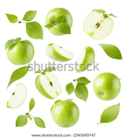 Juicy green apples and green leaves, rich collection - whole, half and quarter, different sides, fly, levitation as patten, isolated on white background. Summer fresh natural fruits, design elements.