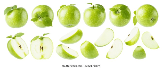 Juicy green apples rich set, whole and cut on half, slices with green leaves, tails, different sides isolated on white background. Summer fresh natural fruits as design elements. - Shutterstock ID 2342171889